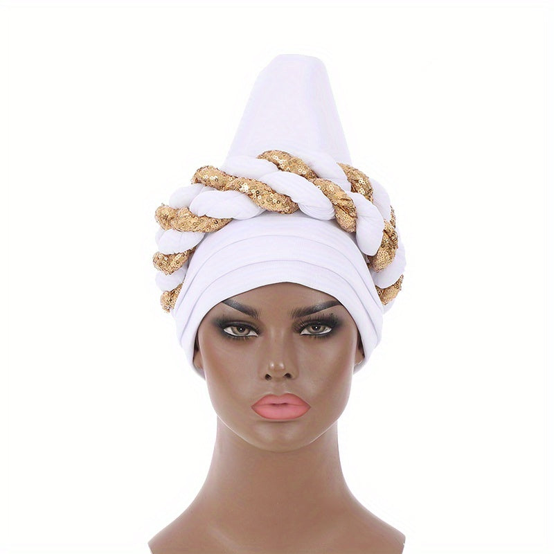 Sequin Twisted Braided Turban Elastic Head Wrap Pre tied Ramadan Hijab Women