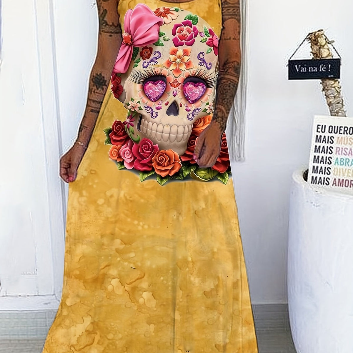 Skull Print Maxi Dress Round Neck Tie Front Plus Size Gothic Dress