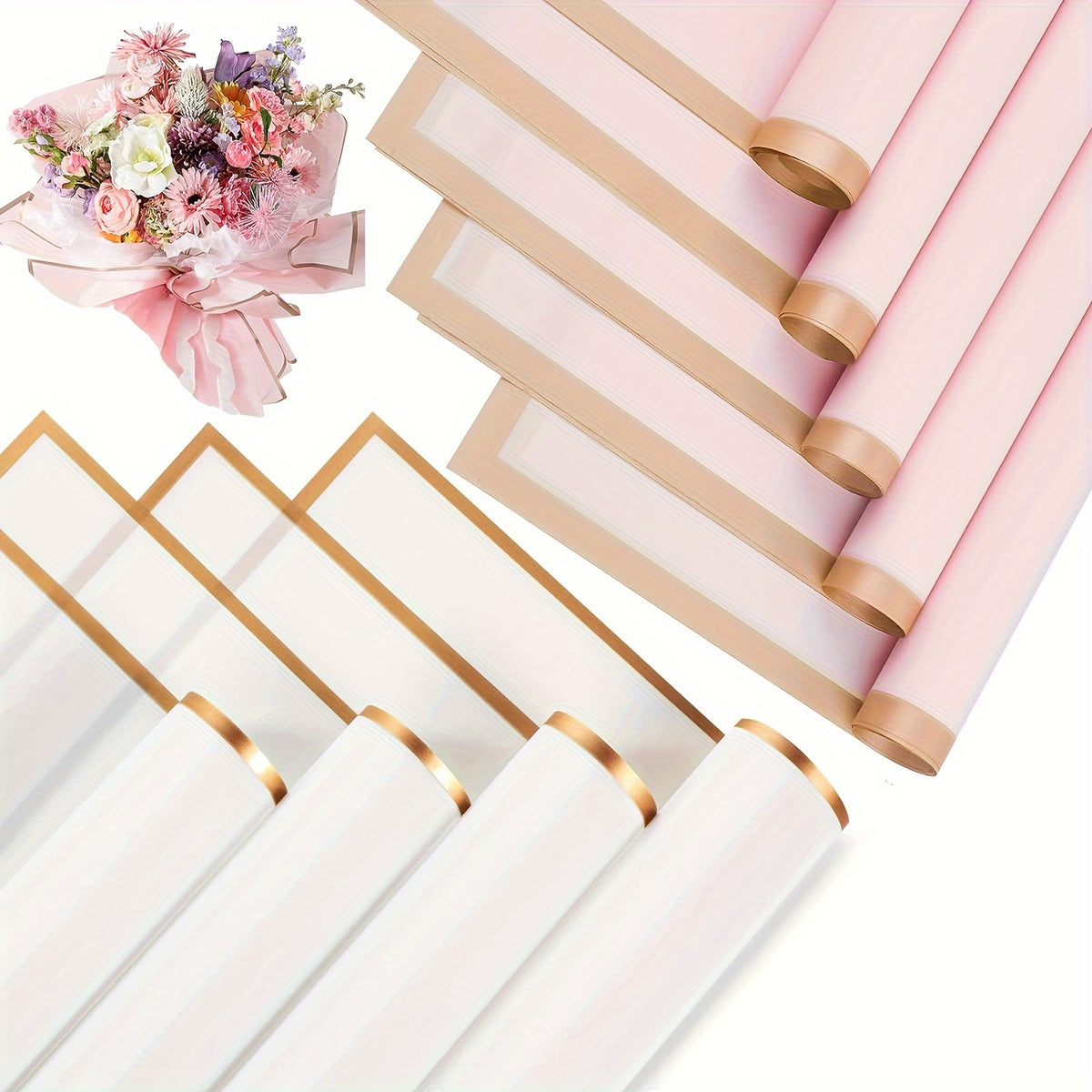 20 Sheets Pink Waterproof Floral Wrapping Paper Golden Edge Bouquet Gift Packagi