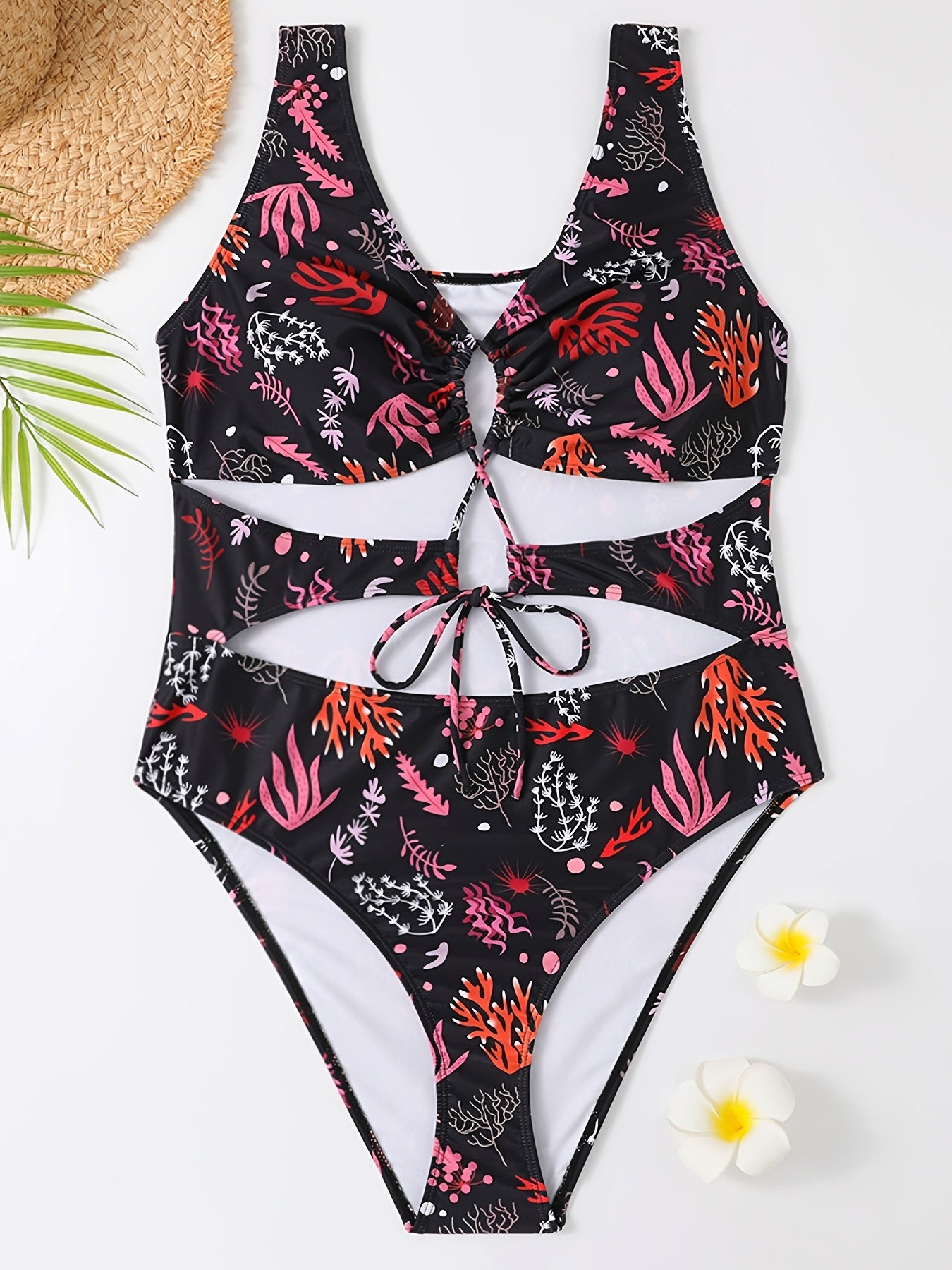  Coral Print Cut Out Drawstring Front One Piece Swimsuit