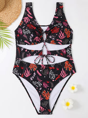  Coral Print Cut Out Drawstring Front One Piece Swimsuit