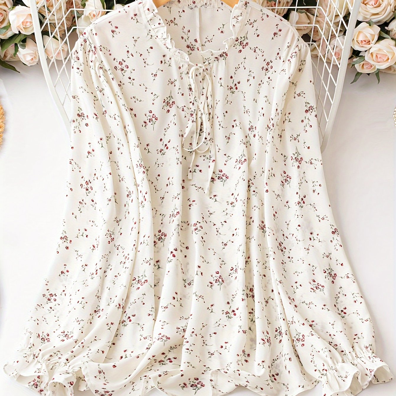  Boho Blouse Floral Ruffle Trim Tie Front Mock Neck Top