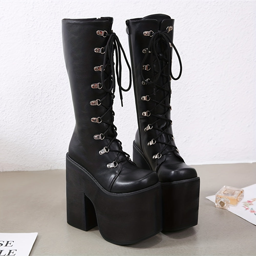 Y2K Side Zipper Platform Boots Closed Toe Lace Up Long Boots