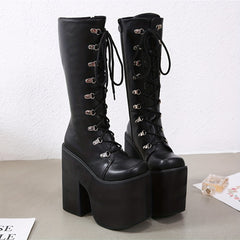 Y2K Side Zipper Platform Boots Closed Toe Lace Up Long Boots