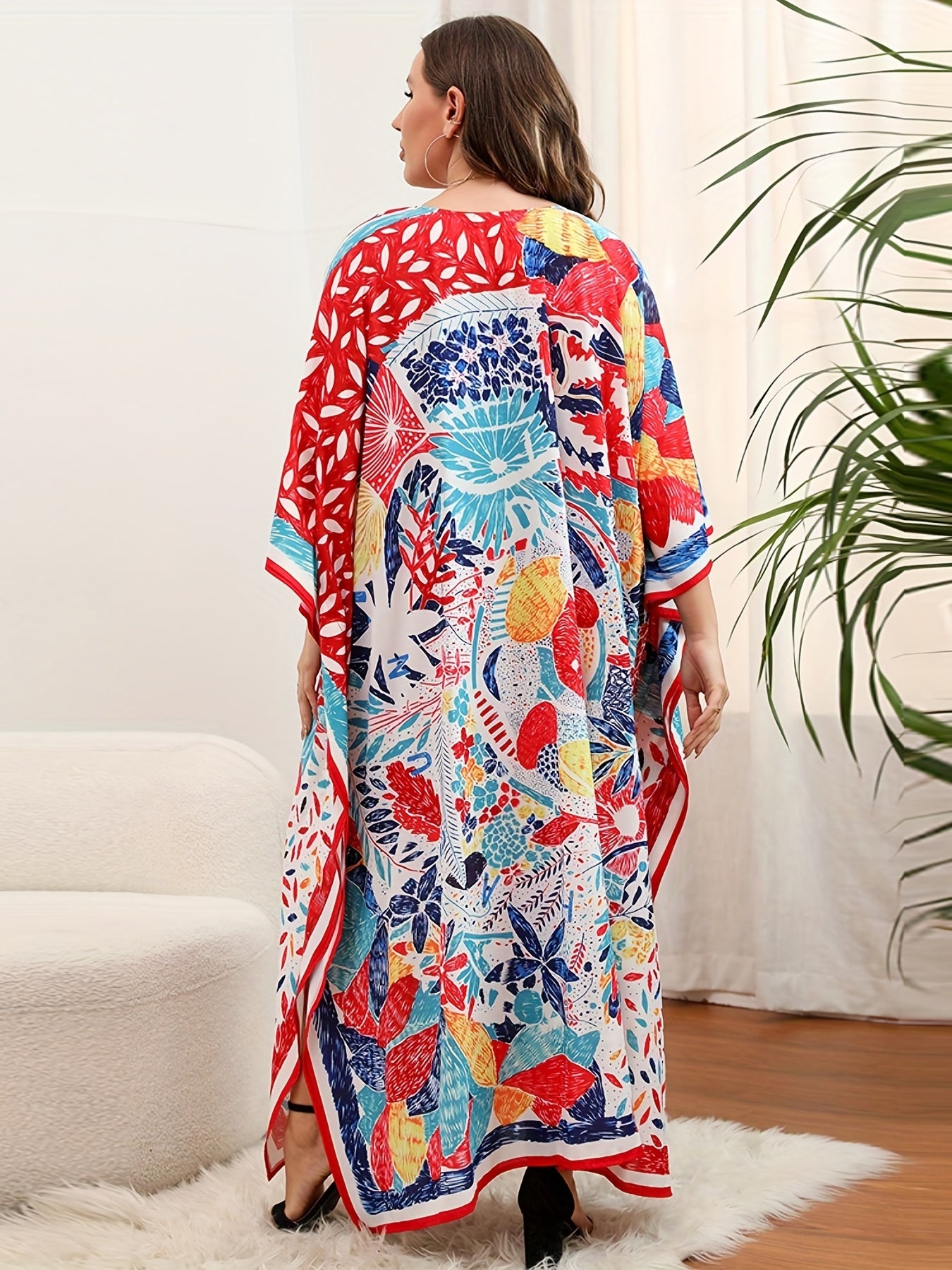  Boho Cover Up Women's Plus Tribal Print Bat Sleeve V Neck