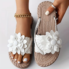 Women's Flower Flat Flip Flops Boho Style Braided Band Non Slip Slides