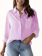  Stripe Print Button Up Long Sleeve Blouse