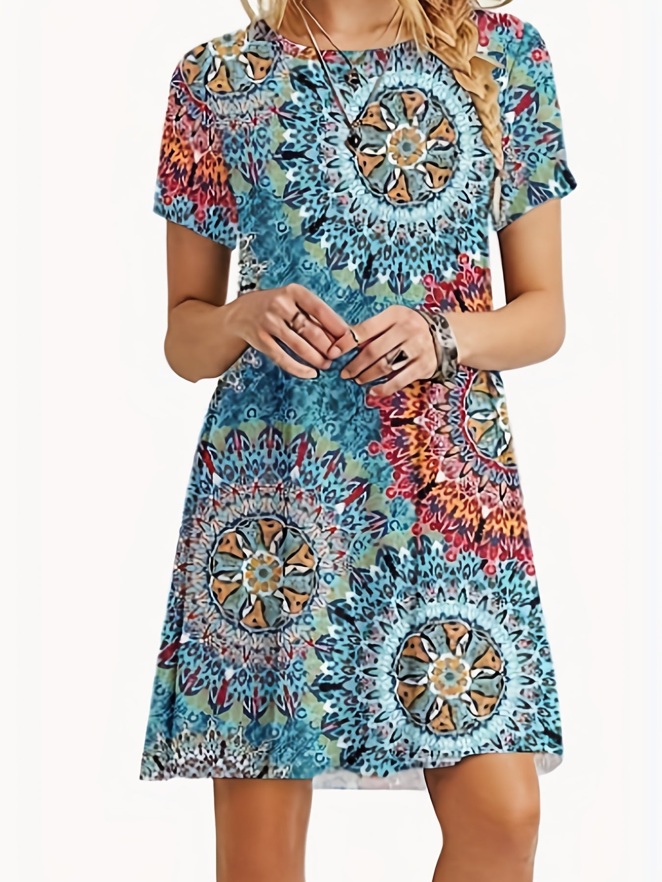  Boho Midi Dress Women's Plus Paisley Print Slight Stretch Midi Dress