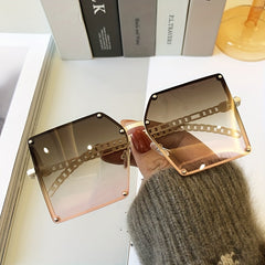 Ombre Lens Square Sunglasses UV400 Rivet Decor Glasses Chain