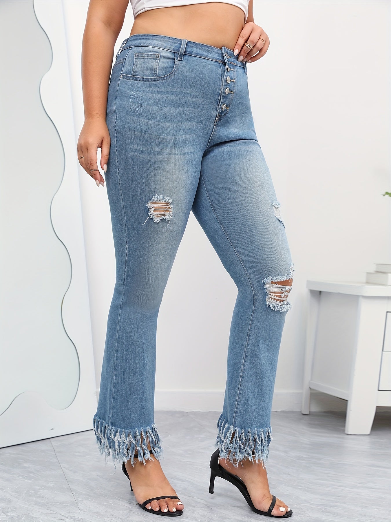  Washed Ripped Fringe Trim Jeans
