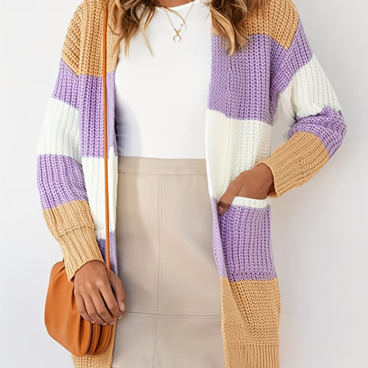  Colorblock Stripe Print Long Sleeve Cardigan