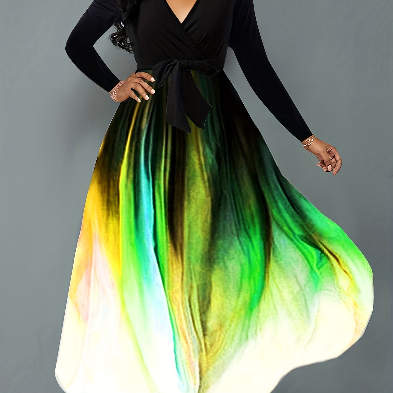  Colorblock Ombre Print Maxi Dress With Belt