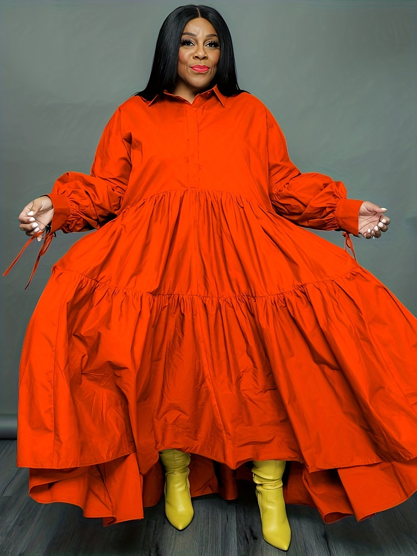 Solid Long Sleeve Maxi Dress Women's Plus Turn Down Collar Long Dress