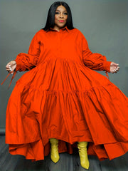 Solid Long Sleeve Maxi Dress Women's Plus Turn Down Collar Long Dress