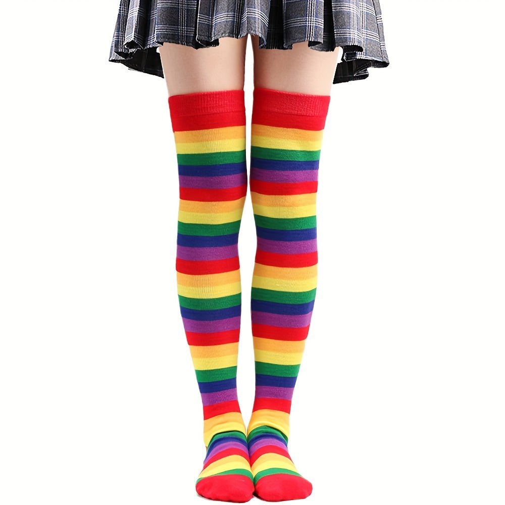 Rainbow Striped Thigh High Socks Cosplay Colorblock Over The Knee Socks