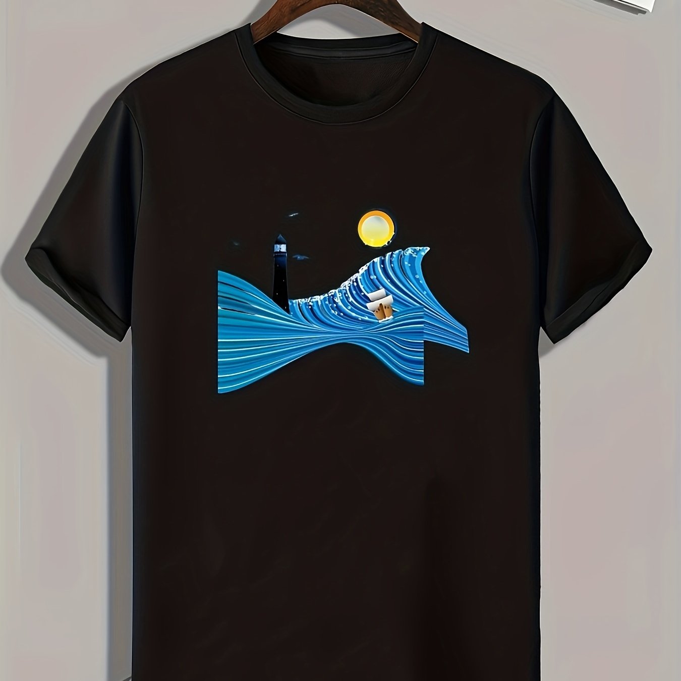 Moonlight Lighthouse Print Men's Graphic T-shirt