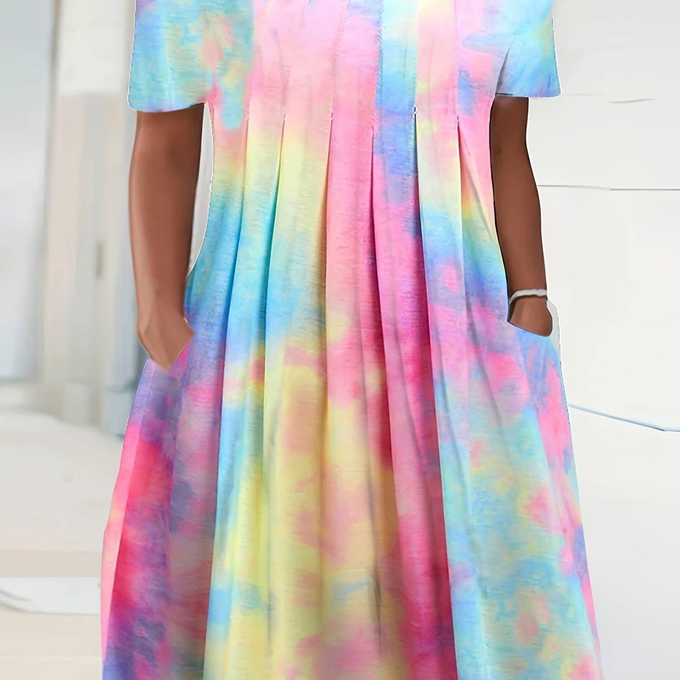  Tie Dye Boat Neck Pleated Midi Dress With Pockets