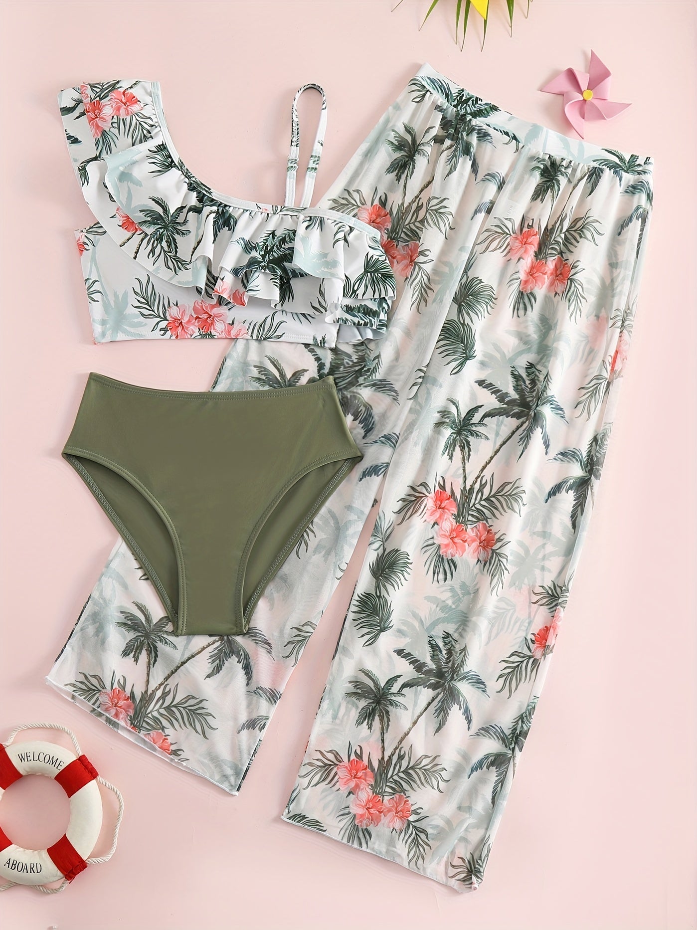 Girl's Bikini Swimsuit 3pcs Ruffle Decor Camisole & Briefs & Pants Set