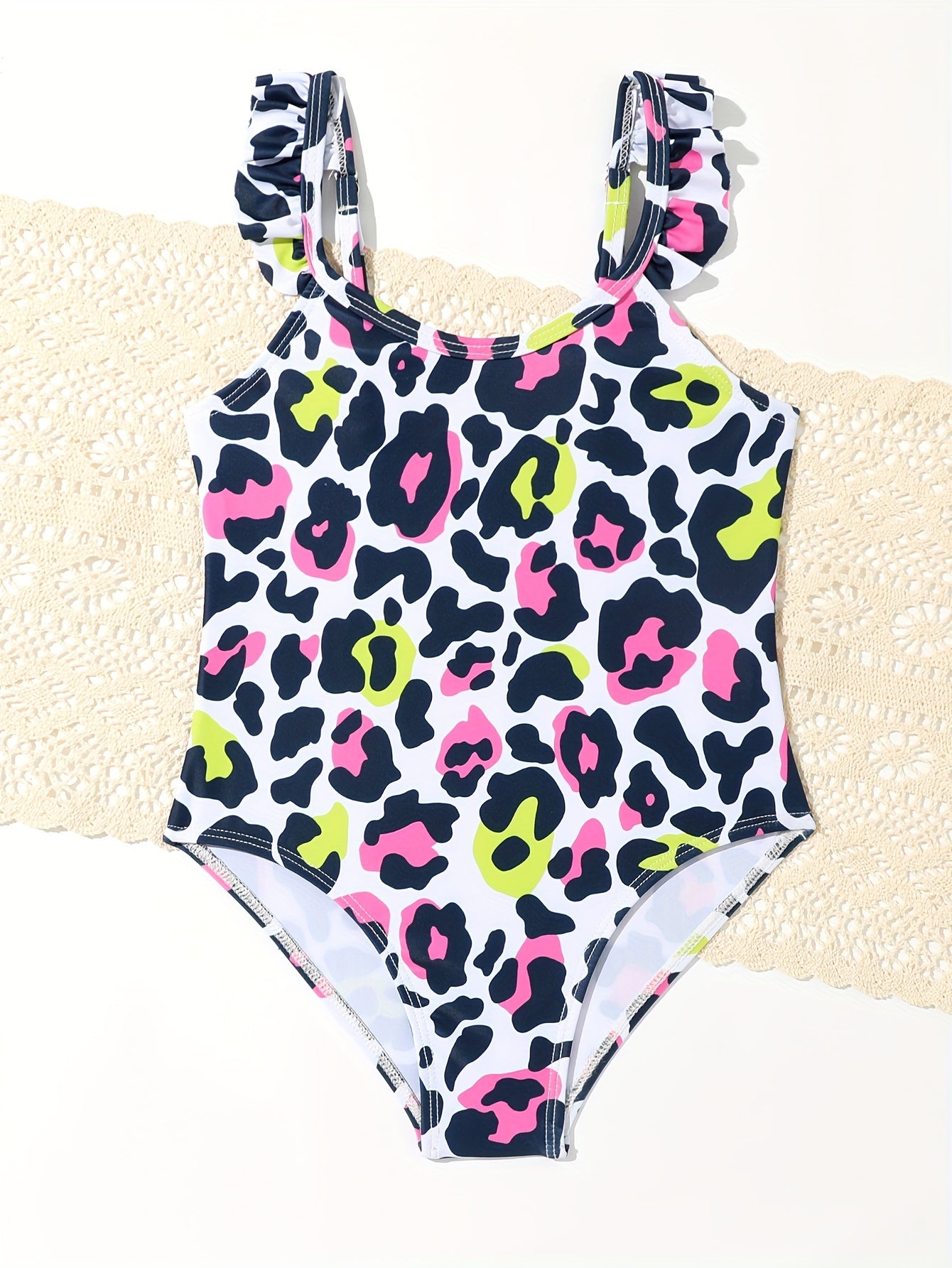 Leopard Print Ruffle Trim 1pc Swimsuit Bathing Suit For Toddler Girls