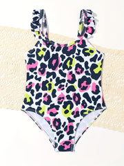 Leopard Print Ruffle Trim 1pc Swimsuit Bathing Suit For Toddler Girls