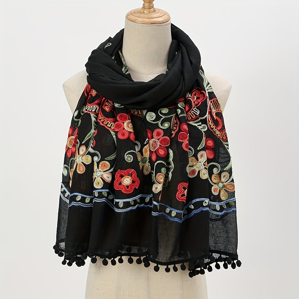 Vintage Flower Embroidery Scarf Tassel Shawl - Boho Hijab