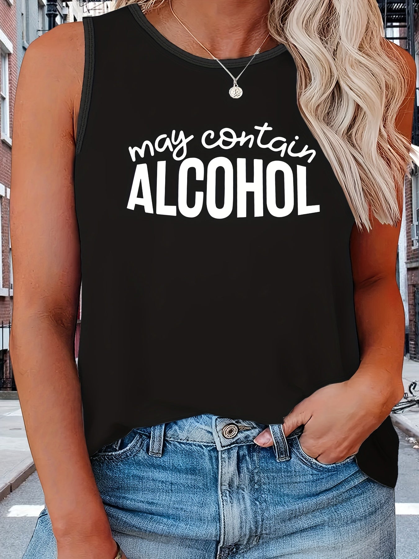 Women's Plus Size Casual Tank Top with Slogan & Heart Print