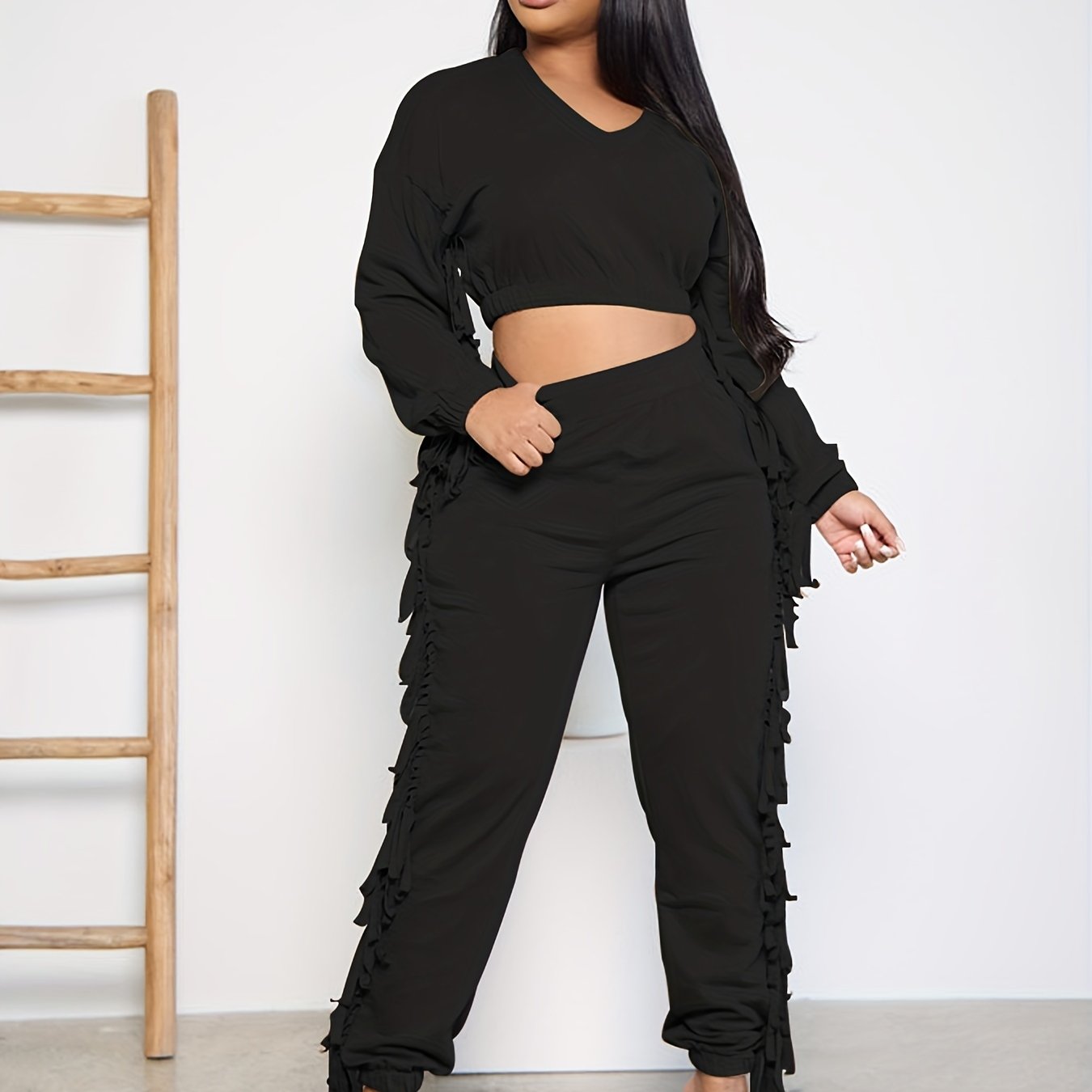  Solid V Neck Ruffle Trim Top & Pants Set