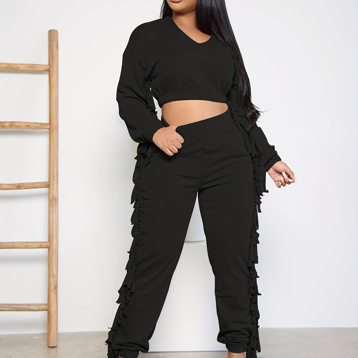  Solid V Neck Ruffle Trim Top & Pants Set