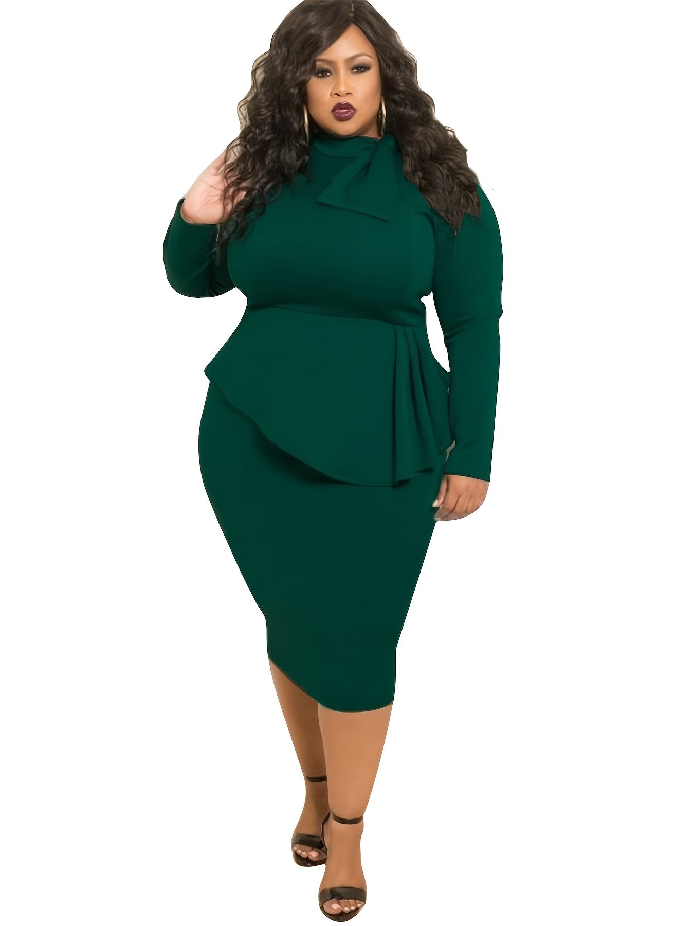  Solid Knot Long Sleeve Midi Dress Women's Plus Dress