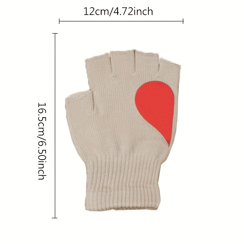 Khaki Half Finger Gloves Heart Patch Warmer Knit Gloves