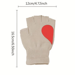 Khaki Half Finger Gloves Heart Patch Warmer Knit Gloves