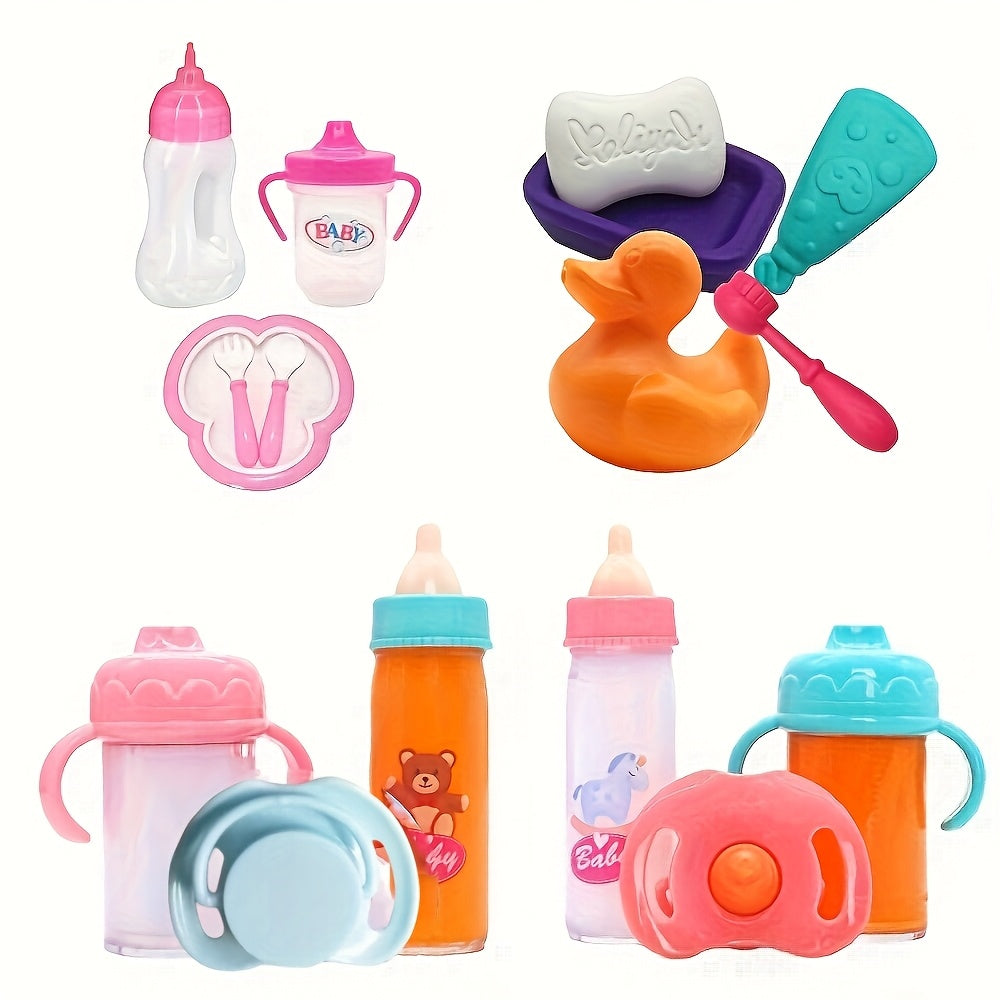 18 pc Doll Accessories Set Micro Plastic Bottle Straw Cup Plate Fork Spoon