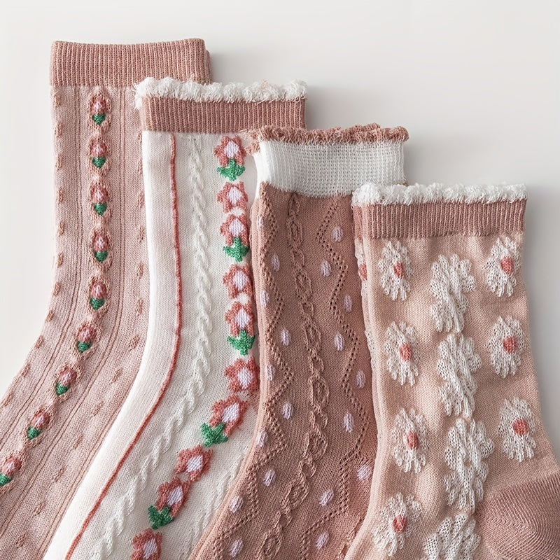6 Pairs Floral Print Socks Sweet & 3D Textured Mid Tube Socks Women's Stockings