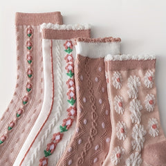 6 Pairs Floral Print Socks Sweet & 3D Textured Mid Tube Socks Women's Stockings
