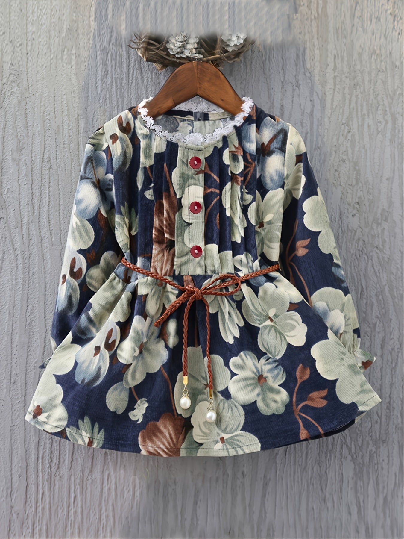 Vintage Lace Up Single Breasted Dress With Floral Print For Kids