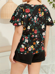  Floral Print Criss Cross Flutter Sleeve Top