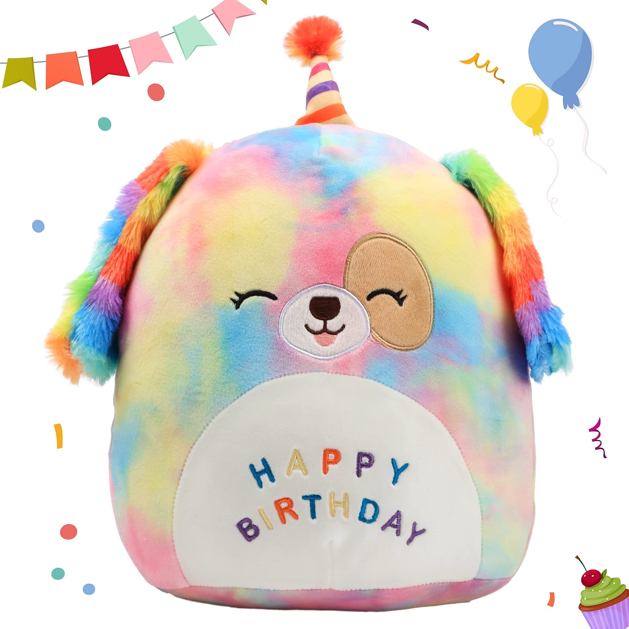 Rainbow Birthday Dog Plush Pillow Soft Puppy Plush Toy Dog Stuffed Animal