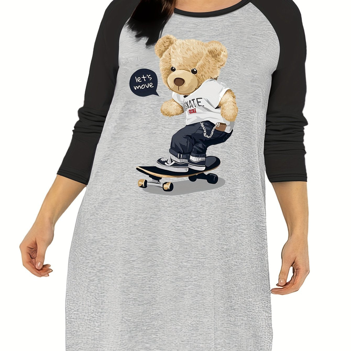 Nightdress Women's Teddy Bear & Skateboard Print Raglan Sleeve Tee