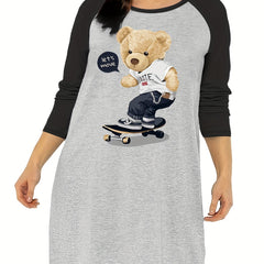  Nightdress Women's Teddy Bear & Skateboard Print Raglan Sleeve Tee