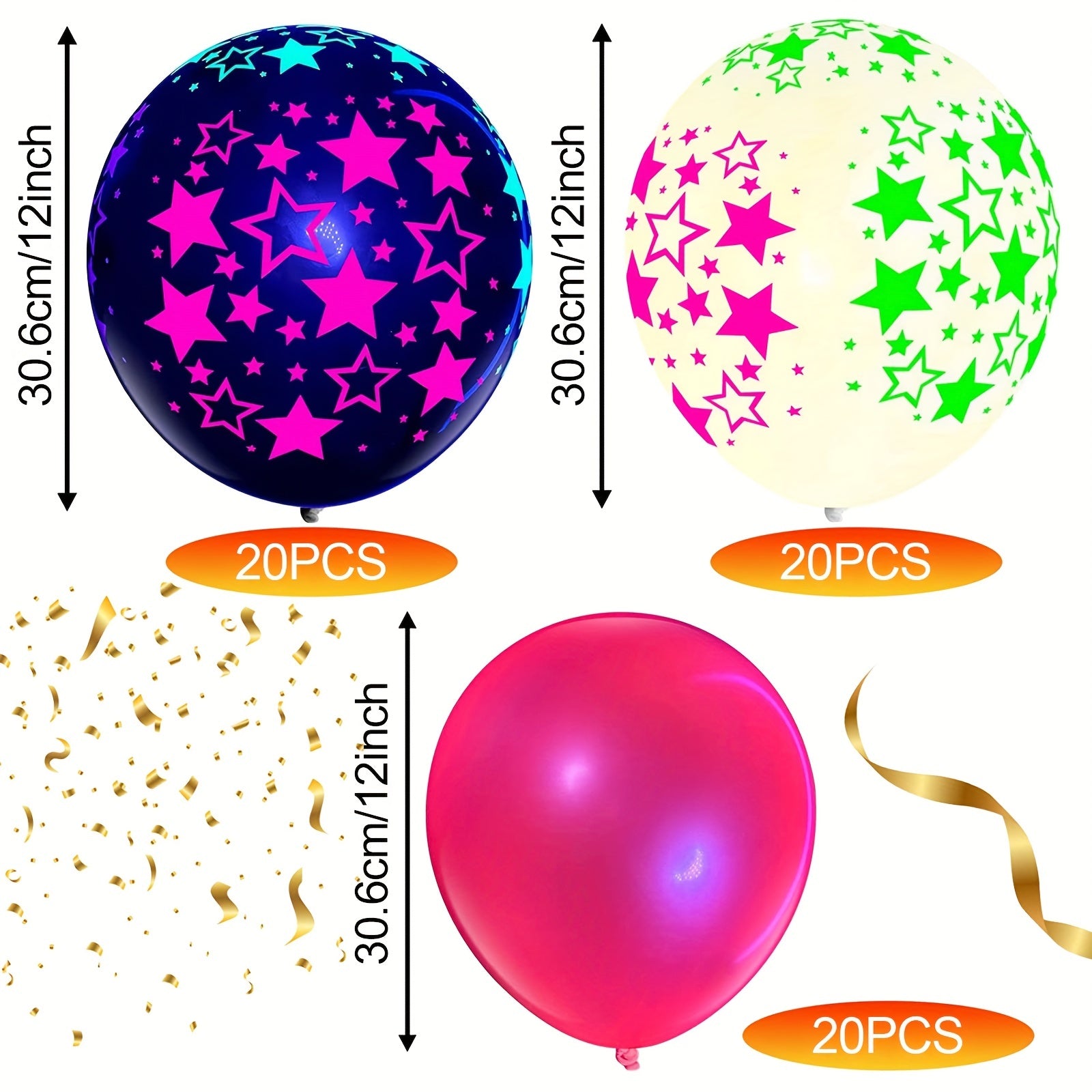60pcs UV Neon Balloons Glow Balloons 12'' UV Polka Dot Blacklight Balloons