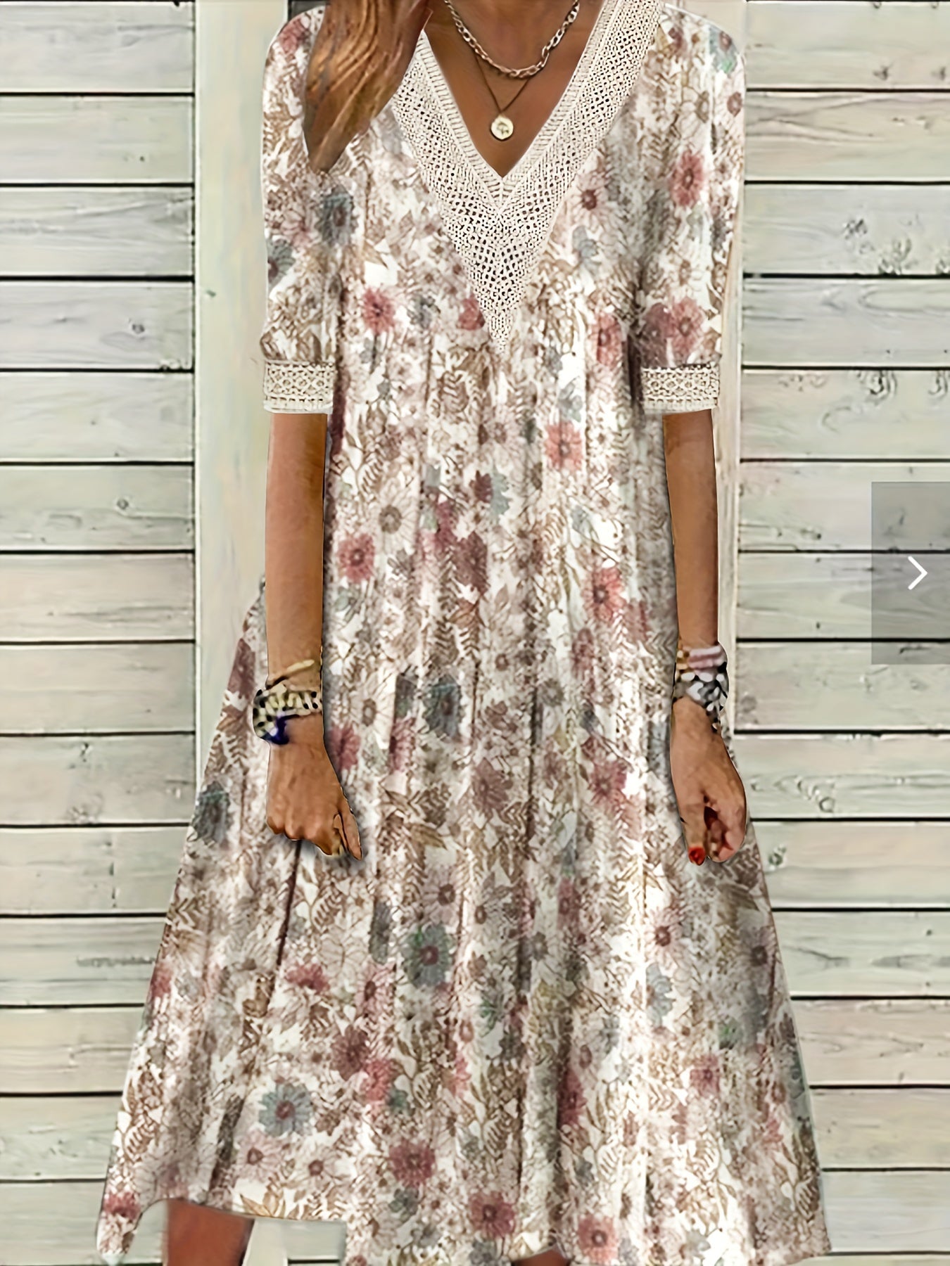  Floral Print Lace Sleeve V Neck Pleated Dress With Pockets