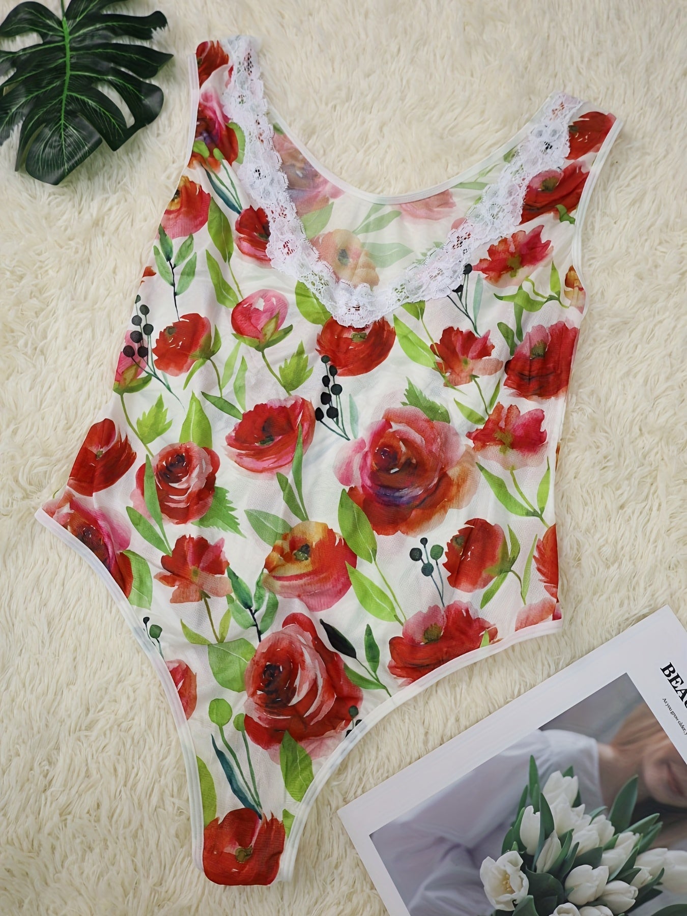  Rose Print Contrast Lace Trim Sheer Bodysuit