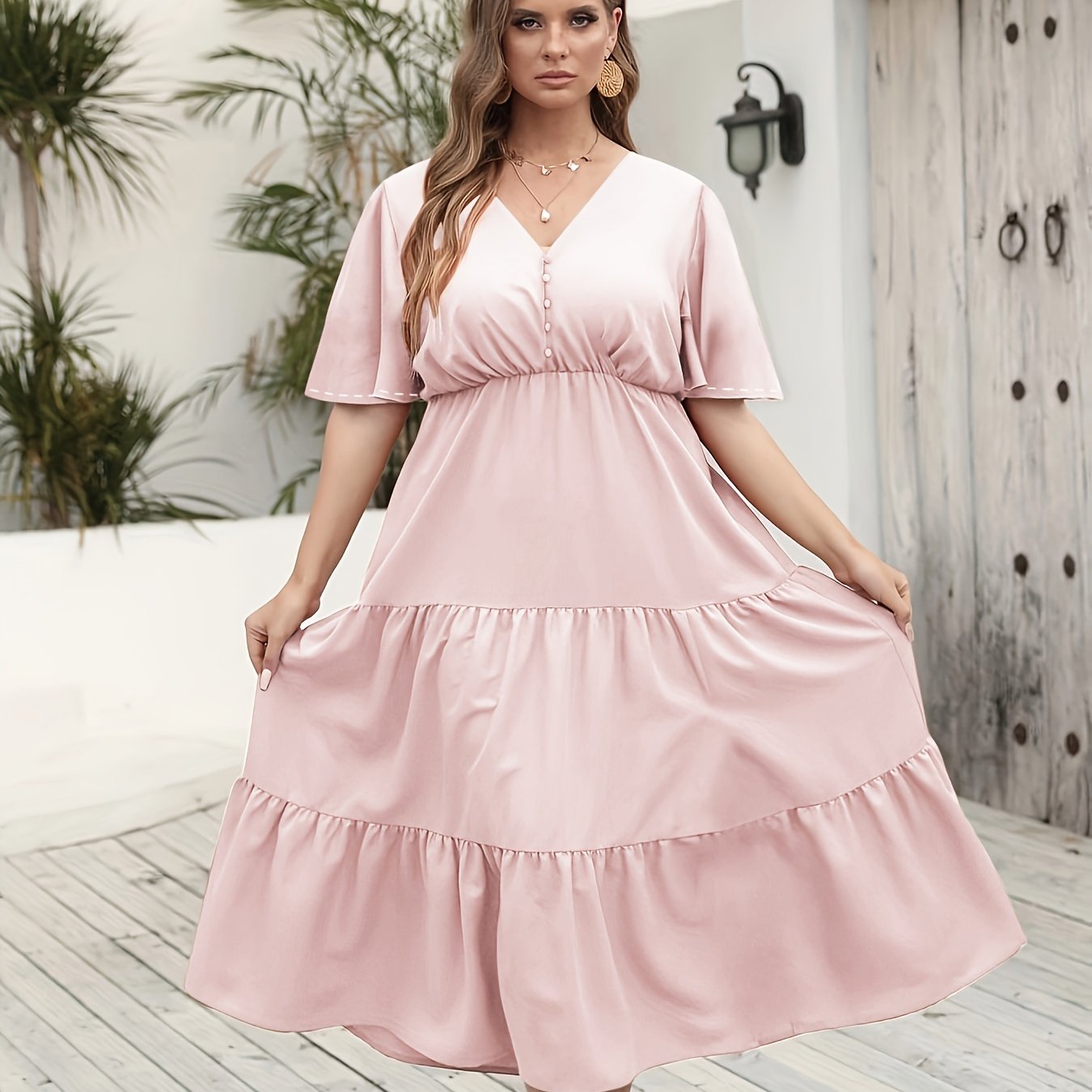  Solid Mini Pompom Decor Flutter Sleeve V Neck Smock Dress