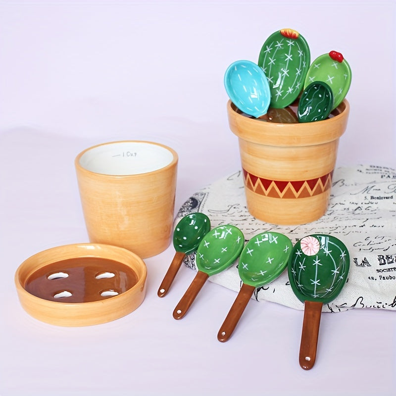 Cactus Spoons Ceramic Set Creative Soup Spoons with Holder Baking Tool Gift
