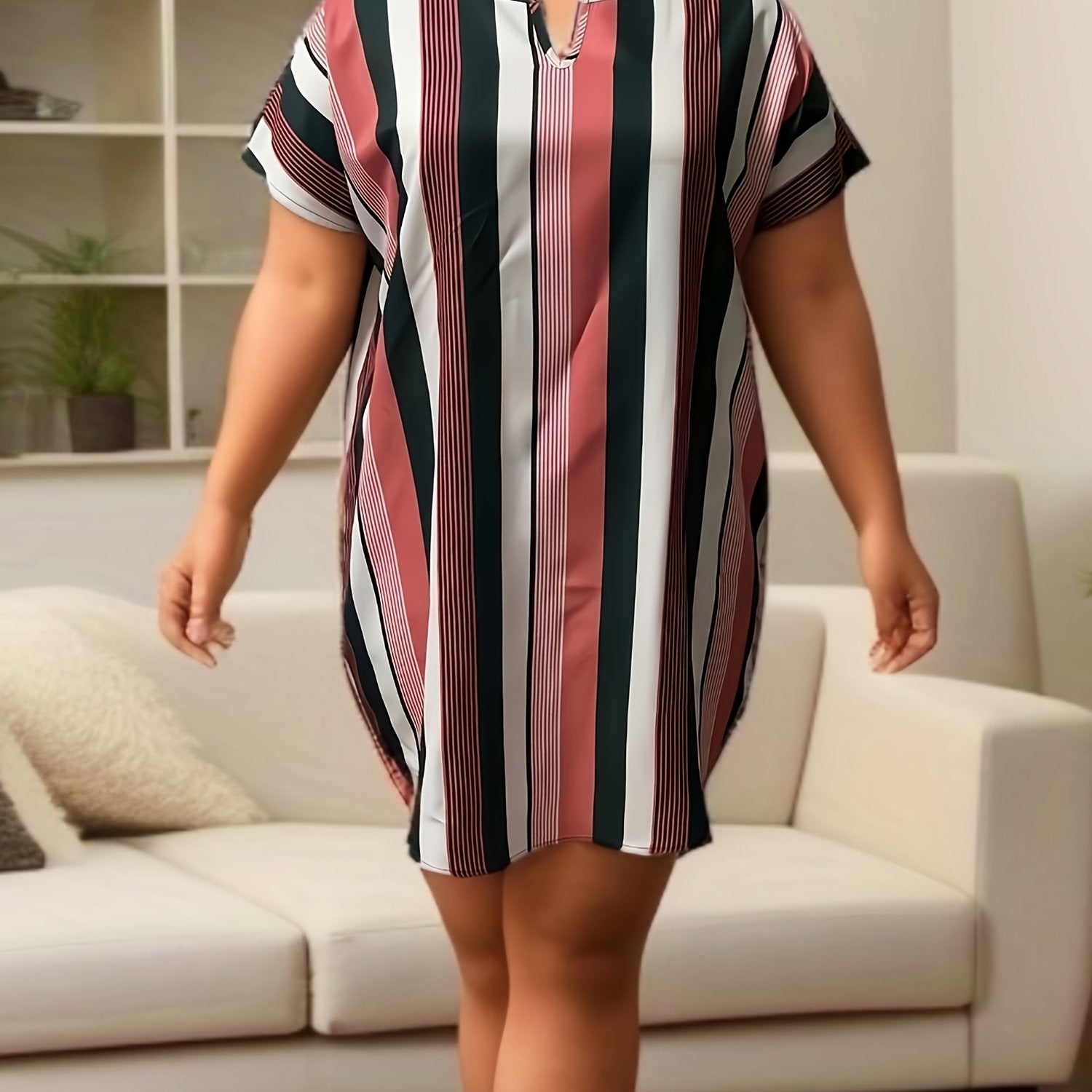  Striped Print Short Sleeve Dress