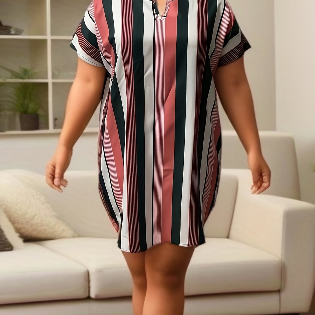  Striped Print Short Sleeve Dress