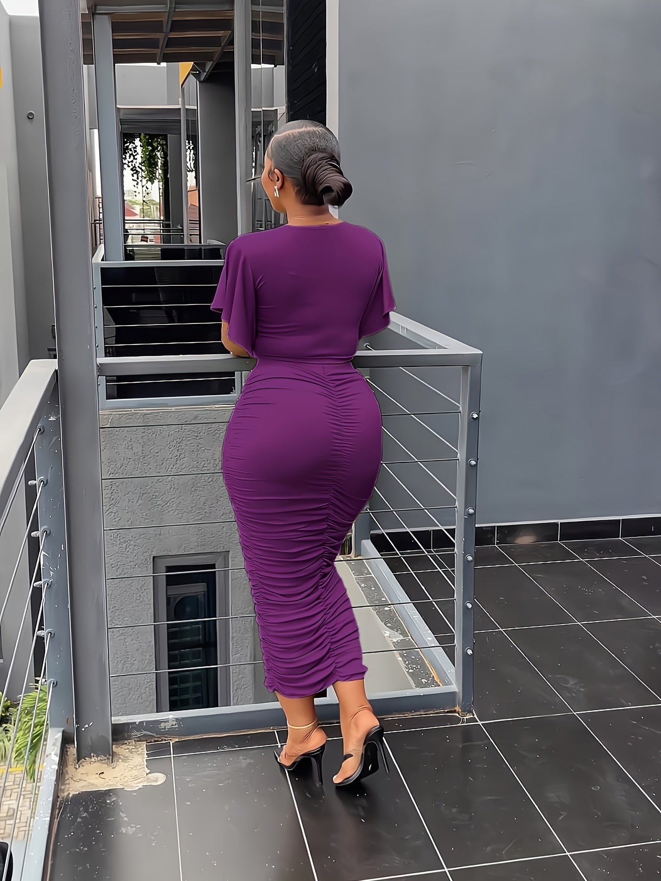 Solid Two Piece Set Flared Sleeve Crop T-shirt & Ruched Midi Skirts