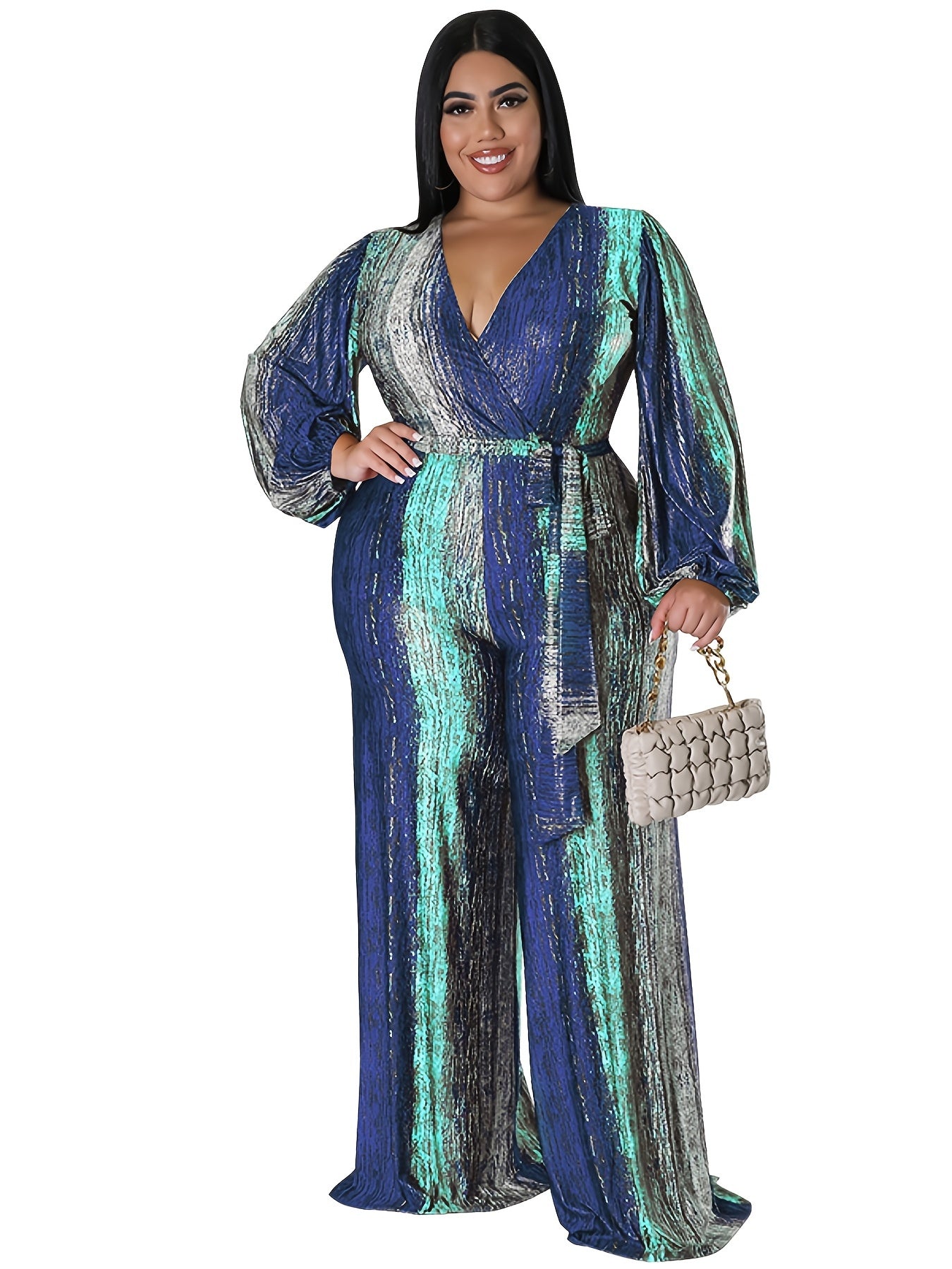  Colorblock Long Sleeve Jumpsuit With Belt