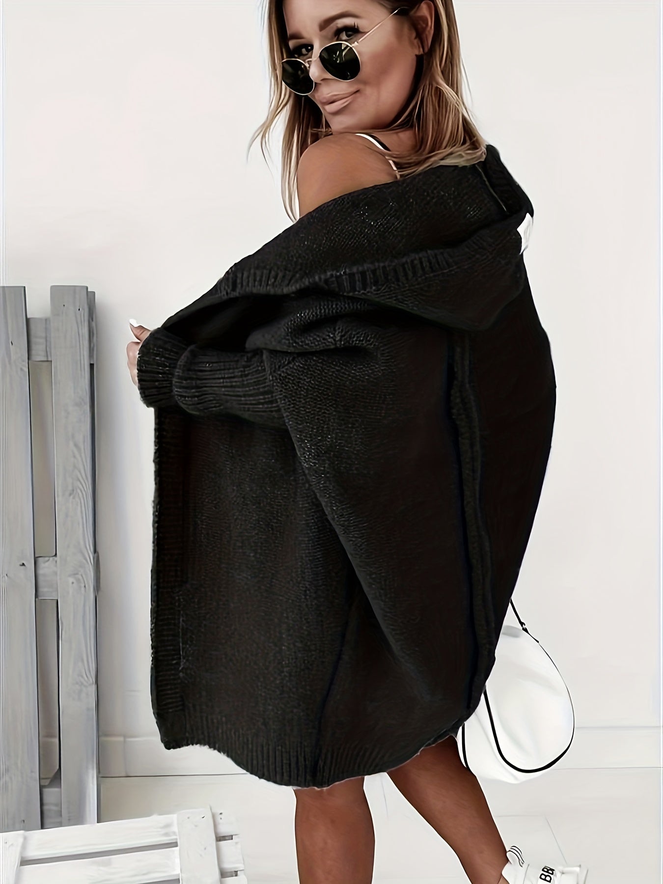 Open Front Hooded Cardigan Batwing Sleeve Mid Length Sweater