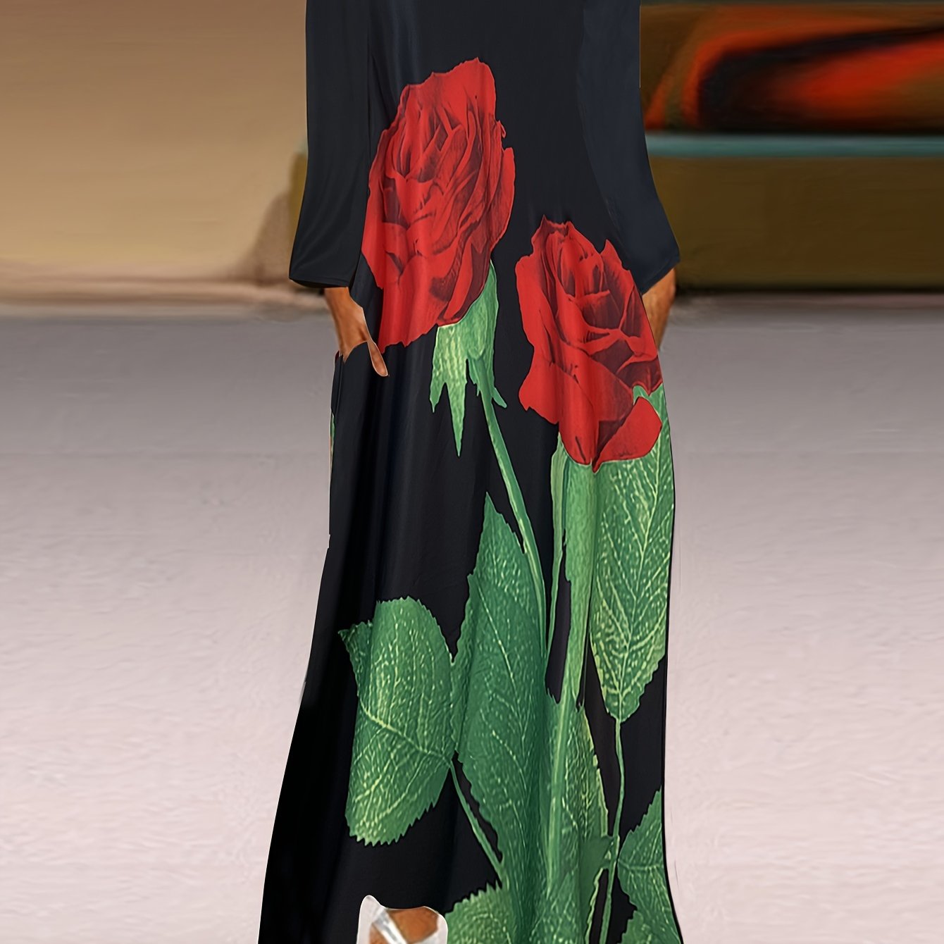  Rose Print V Neck Maxi Dress